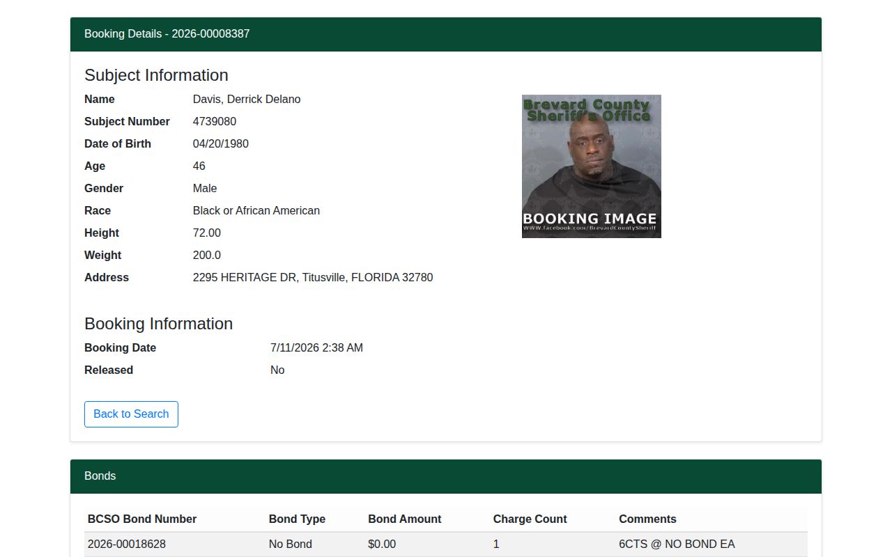 Brevard County arrest booking record and mugshot field
