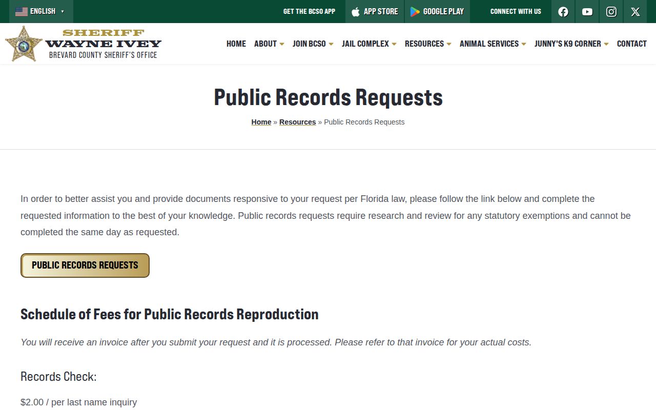 Brevard County arrest records request fees