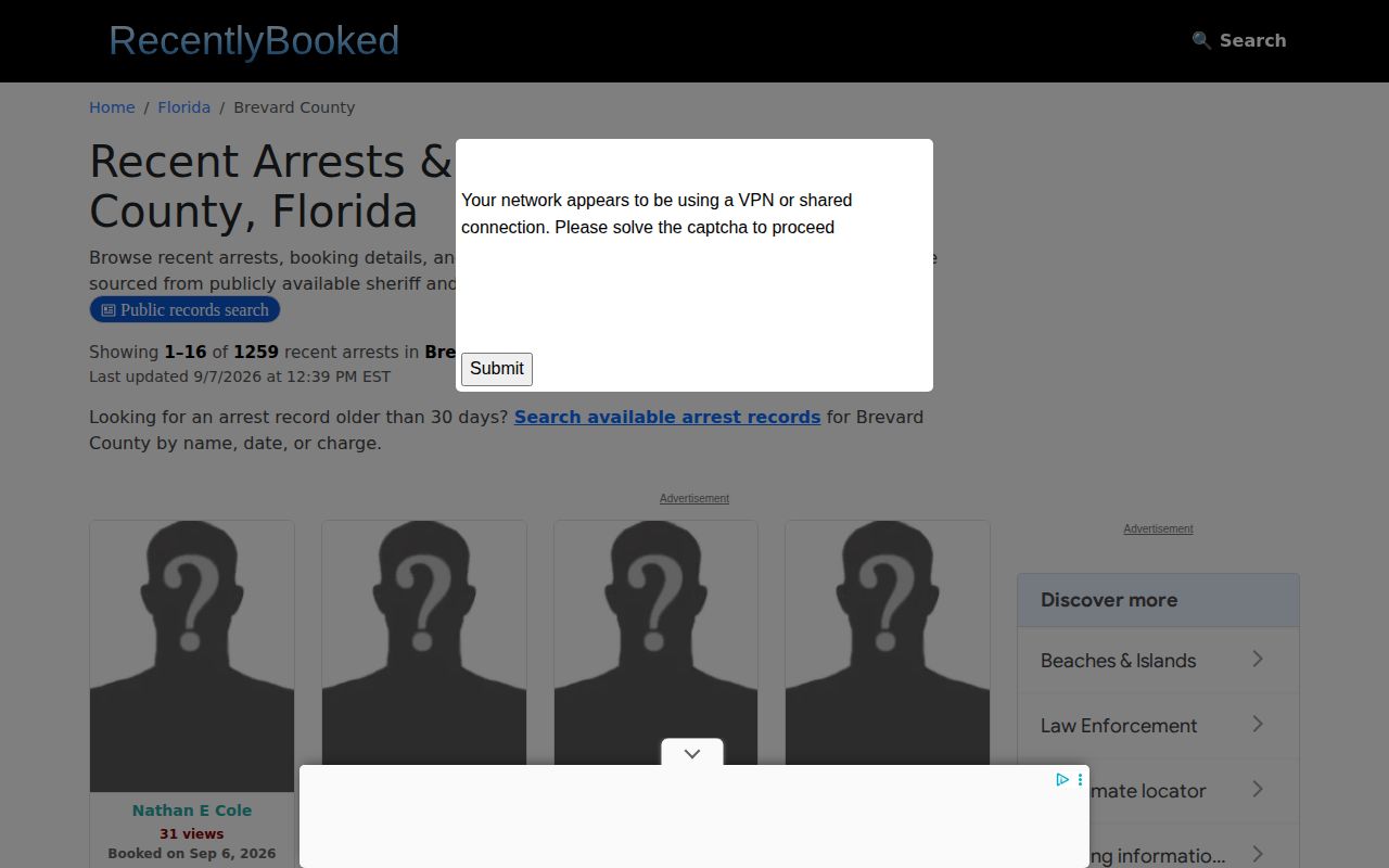 Unofficial Brevard County multi-day arrest archive interface